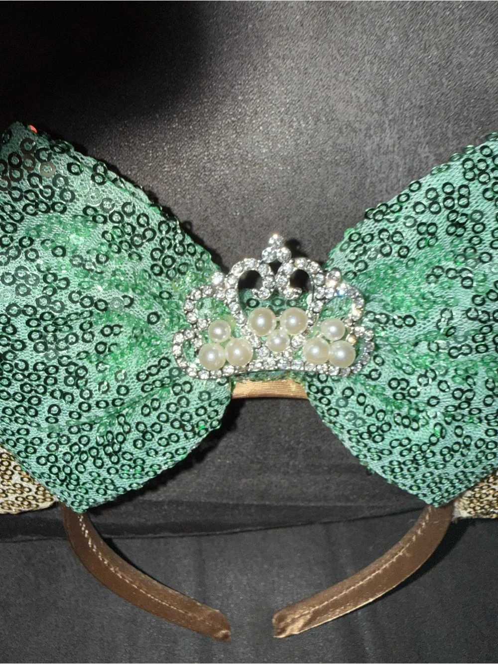 Sequin Mouse Ear Headband with Green Bow and Gold Ears